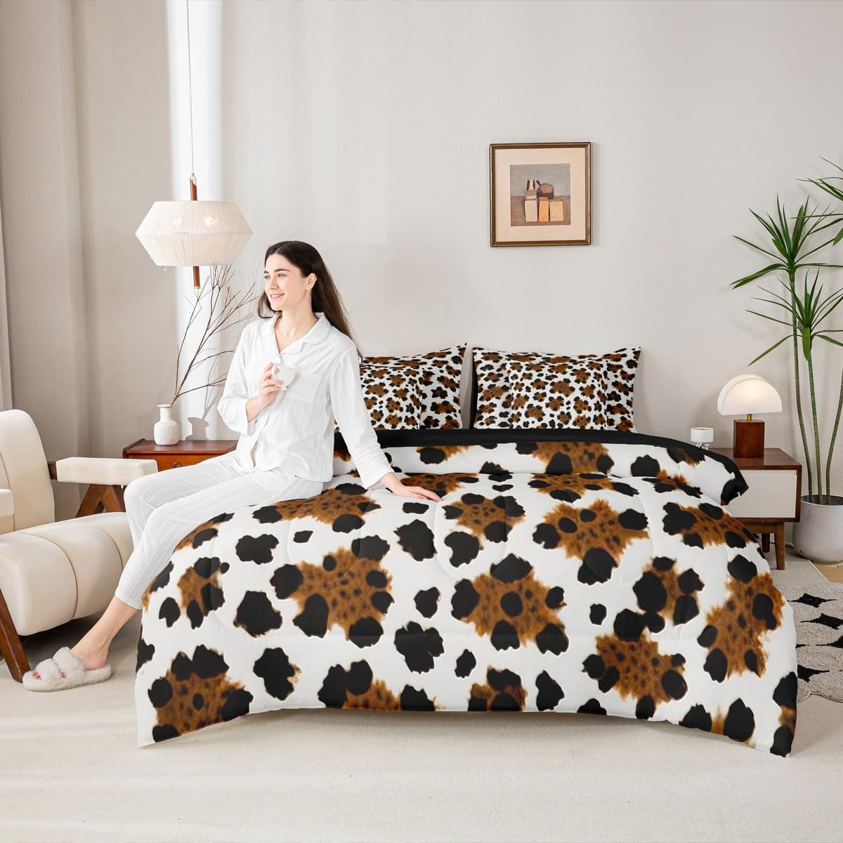 Erosebridal Brown Cowhide Teens Comforter Set 7 Piece Black White Cow Skin Bedding Set Twin Size Western Farmhouse Bed in A Bag for Kids Boys Adult Bedroom Rustic Animal Fur Sheets