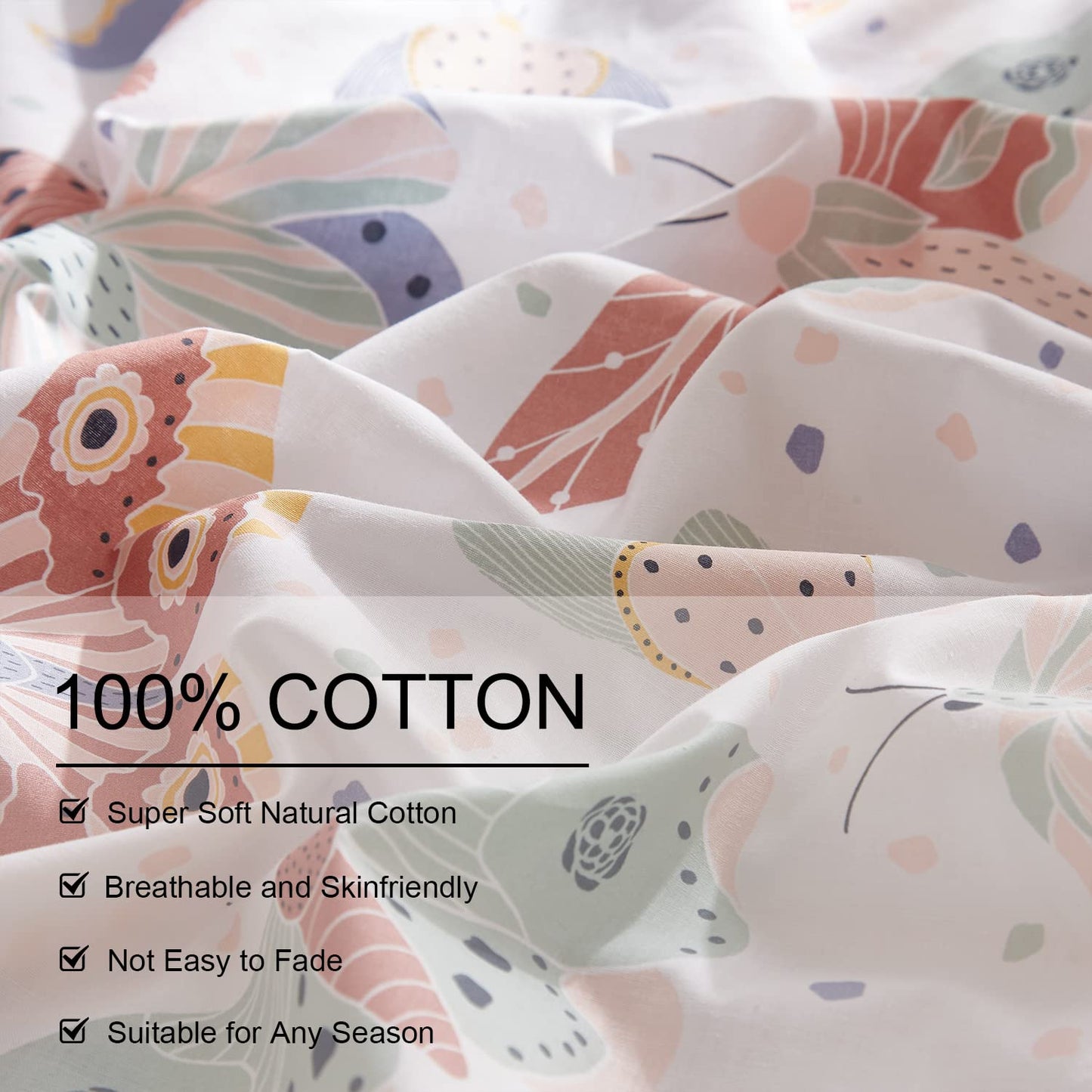 Ivellow Queen Duvet Cover Set 100% Cotton Butterfly White Duvet Cover for Kids Cute Bedding Set 3Pcs Ultra Soft Breathable Kids Duvet Cover Patterned Cartoon Comforter Cover Boys Girls Toddler Teen