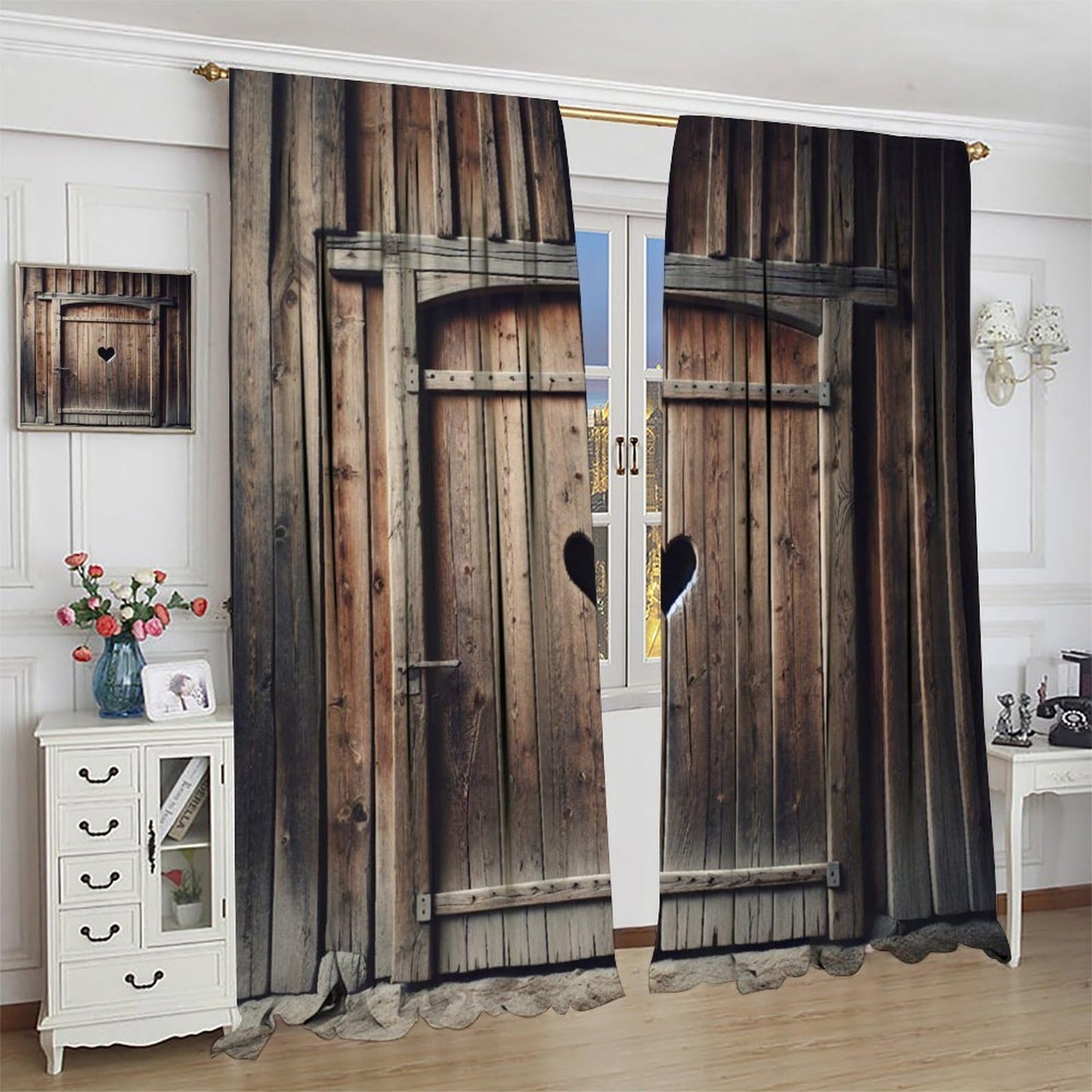Nanacur Vintage Wooden Door Curtains, Barn Farmhouse Printed Board Cabin Art Plank Rod Pocket Window Treatment for Bedroom Living Room Kitchen Cafe Drapes 41" W X 45" L (No Blackout)