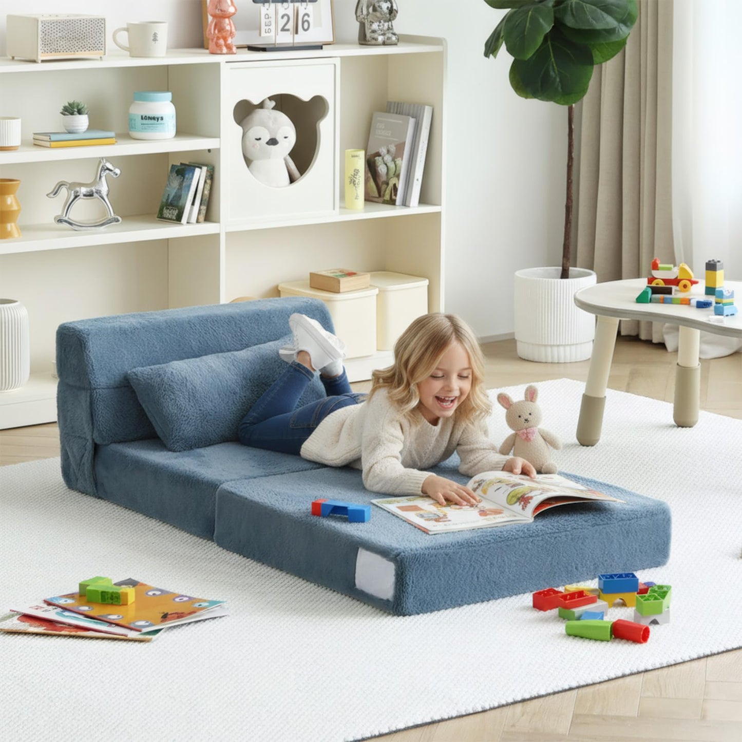 Tiita Convertible Folding Kids Sofa Bed with Pillow & Storage Bag, Plush Fabric Floor Mattress Couch Bed, Washable Cover, Kids Room, Playroom, Dorm, Apartment, Blue Grey