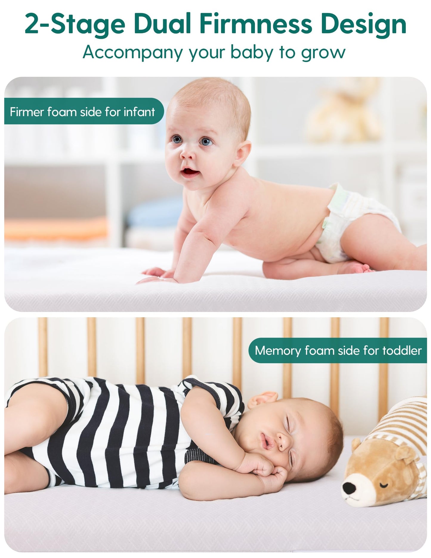 Babelio Memory Foam Crib Mattress Dual-Sided Baby Toddler Mattress Standard Size, Removable Waterproof Cover, CertiPUR-US Certified, Grey