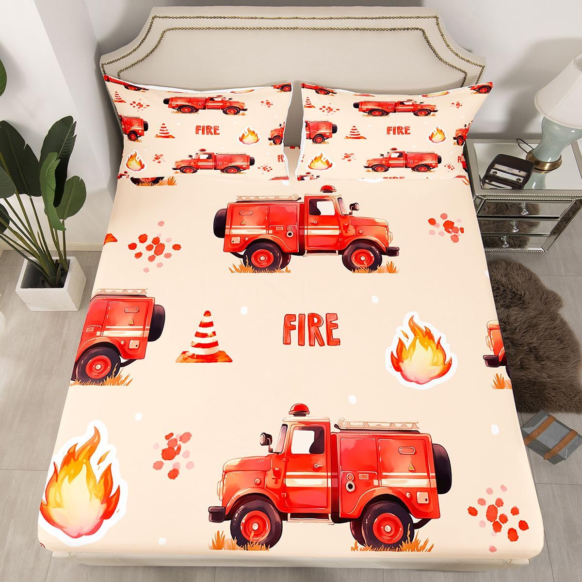 Cartoon Car Kids Fire Truck Sheets with Deep Pocket Fitted Sheet for Boys Firefighter Bed Sheets Breathable Firemen Car Vehicle Fire Engine Cute Bear Bedding Set Room Decor Full Size