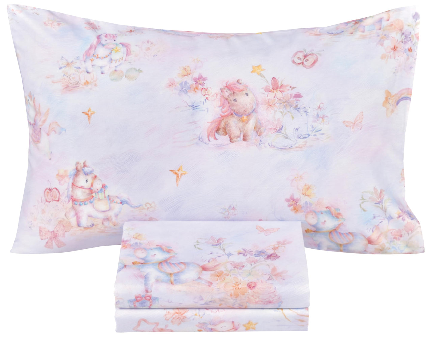 Scientific Sleep Pastel Unicorn Pony Horse Flower Fairy Tale Cute Adorable Colourful 100% Cotton Bed Sheet Set Kids Girls Junior, Flat Sheet & Fitted Sheet & Pillowcase Bedding Set (Pretty Pony, Twin)