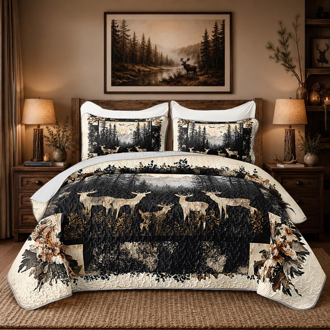 HOSIMA Deer King Bedding Set for Adults,Deer in Forest Print Summer Soft Lightweight Quilt,Floral Pattern Plaid Animal Bedding for Aesthetic Room Decor with 2 Pillowcases.