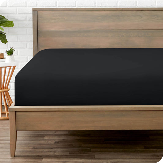 Bare Home Fitted Bottom Sheet Queen - Premium 1800 Ultra-Soft - Ultra-Soft Wrinkle Free - Deep Pocket - Fitted Sheet (Queen, Black)