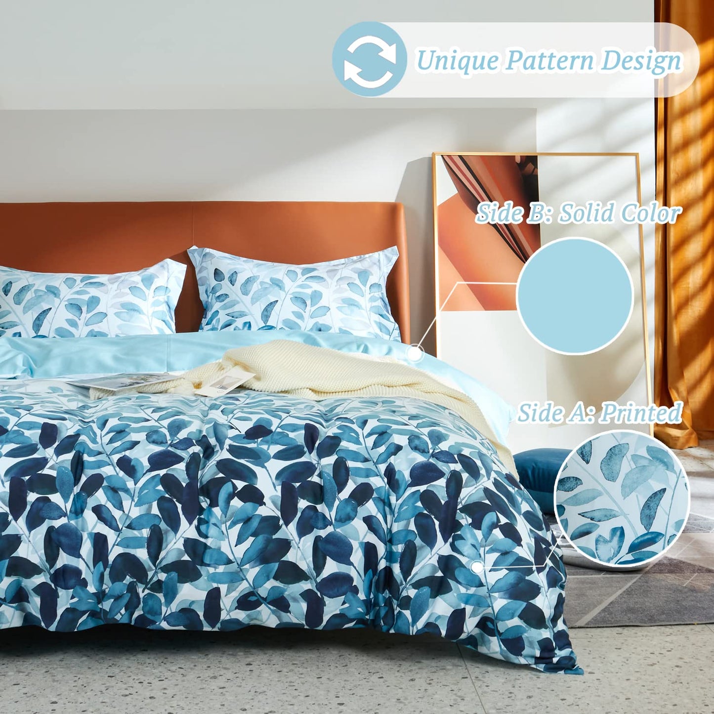 MILDLY 100% Long Staple Cotton Duvet Cover Set Navy Blue Leaves Printed Comforter Cover Set