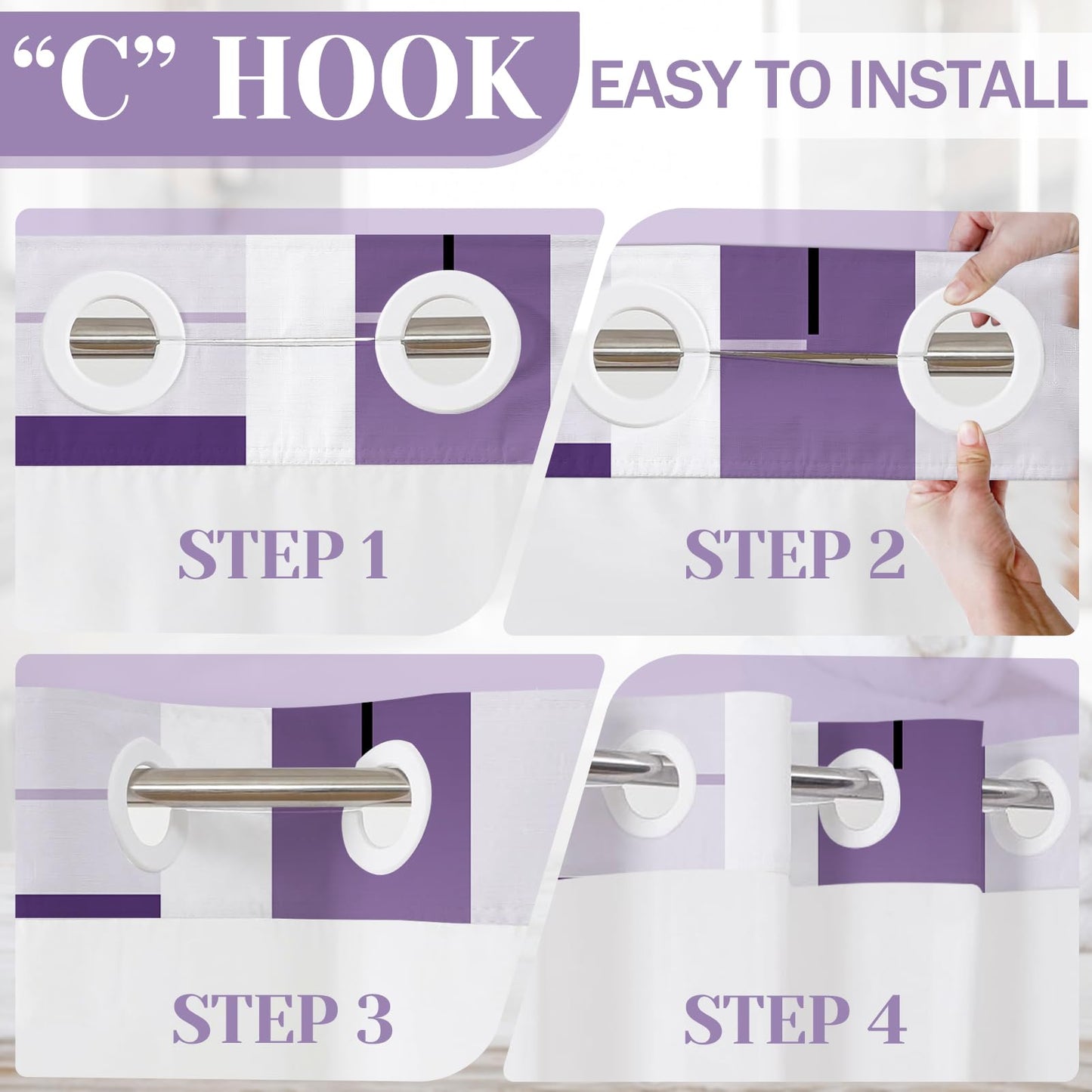 Purple Hookless Shower Curtain Set with Snap in Liner, Purple White Bathroom Decor, 71x74 Inches, Geometric Bathroom Curtain with Liner and See Through Top Window
