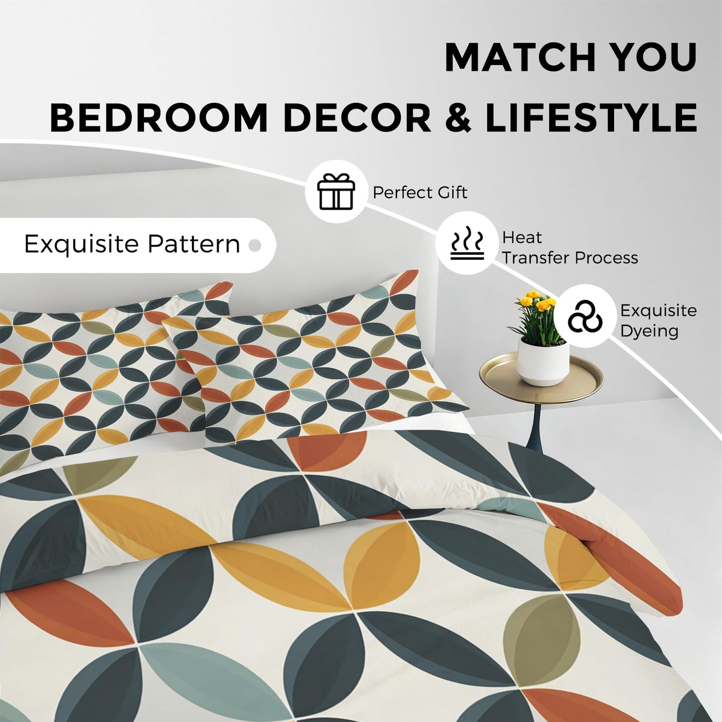 Mid Century Modern Twin Duvet Cover Set, Retro Geometric Circle Bedding Set 2 Pcs Reversible, MCM Geo Bedroom Decor, Ultra Soft Microfiber, 1 Pillow Sham, Zipper & Ties KJJT 104