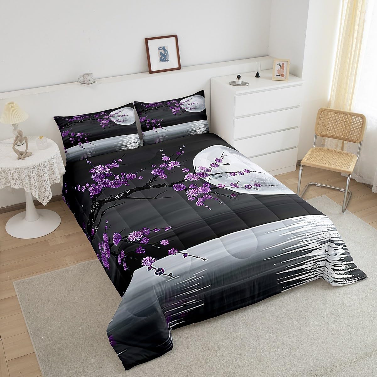 Manfei Moon Lake Twin Size Comforter Set,Purple Blossom Flower Duvet Set Soft Bed Collection,Romantic Japanese Style Bedding Comforter for Boys Girls Bedroom,2 Pcs