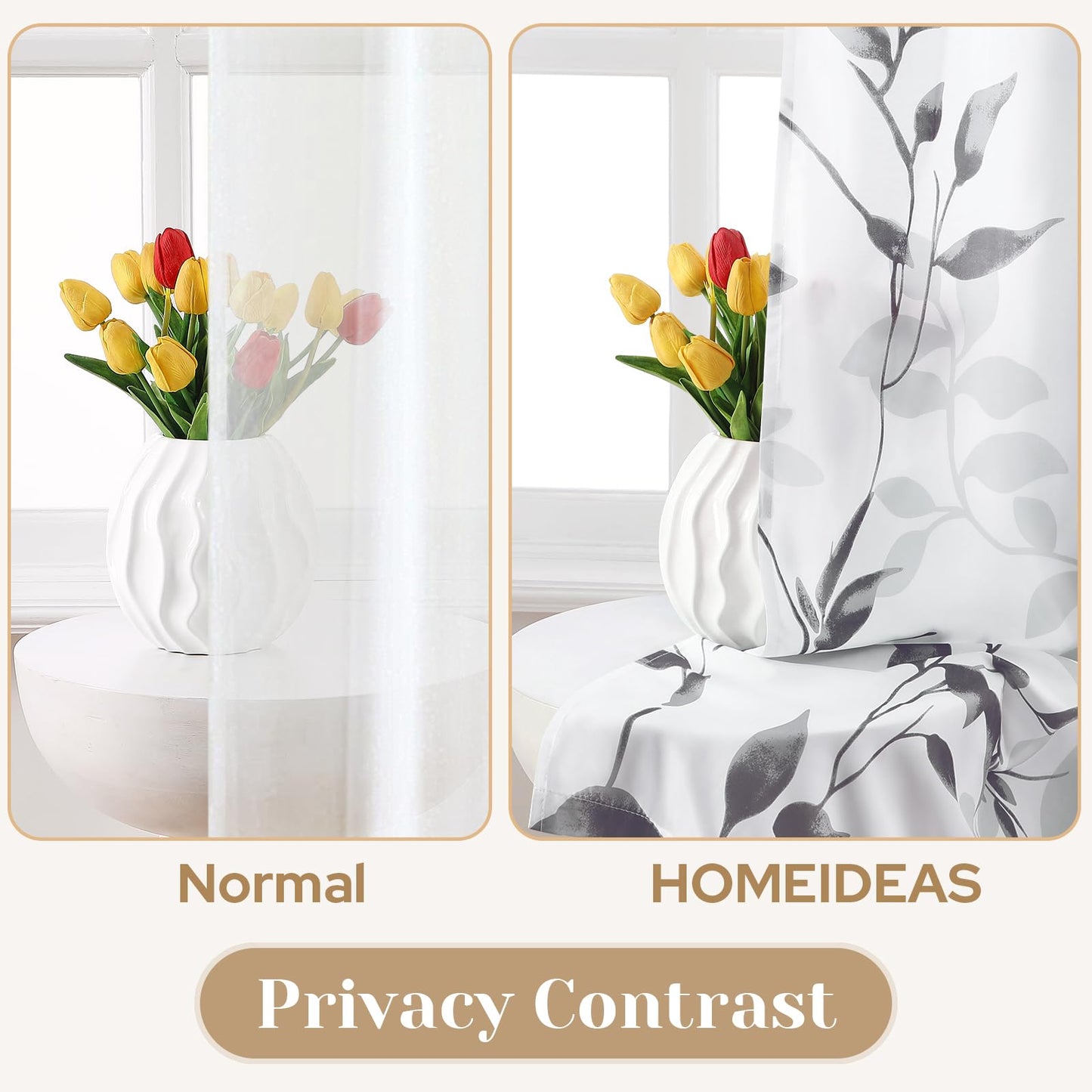 HOMEIDEAS Grey and White Semi Sheer Curtains, 84 Inches Long Light Filtering Drapes, Gray Leaf Printed Privacy Sheer Curtains for Bedroom Living Room, 2 Panels