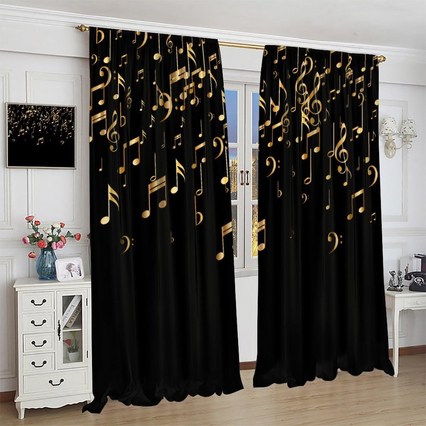Musical Notes Curtains, Golden Music Note Print Black Background Modern Art Window Treatments Drapes for Living Room Bedroom Kitchen Home 42" W X 45" L(No Blackout)