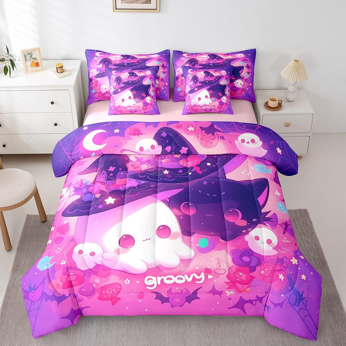 Feelyou Happy Halloween Comforter Set with Sheets Twin Cute Groovy 7 Piece Bedding Set for Kids Boys Girls Teens Sweet Purple Bed in a Bag Bat Bed Set