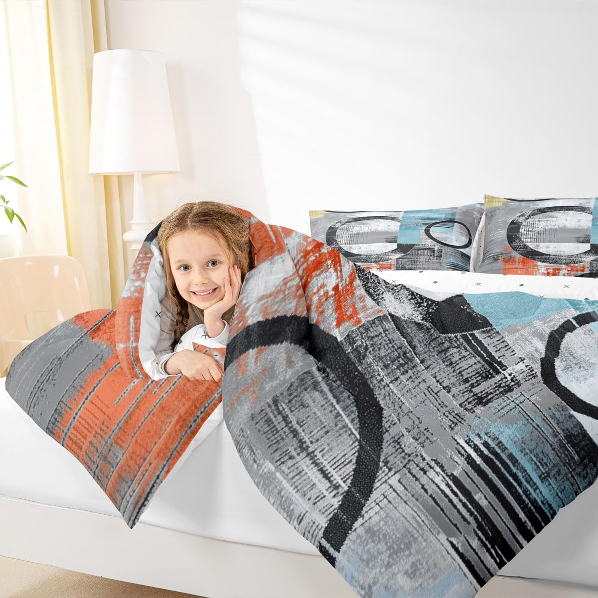 Feelyou Abstract Bedding Set Soft Modern Abstract Art Comforter Set Full Size Geometric Duvet Quilt Luxury Bedroom Decor Orange Blue 3 Pcs with 2 Pillow Cases