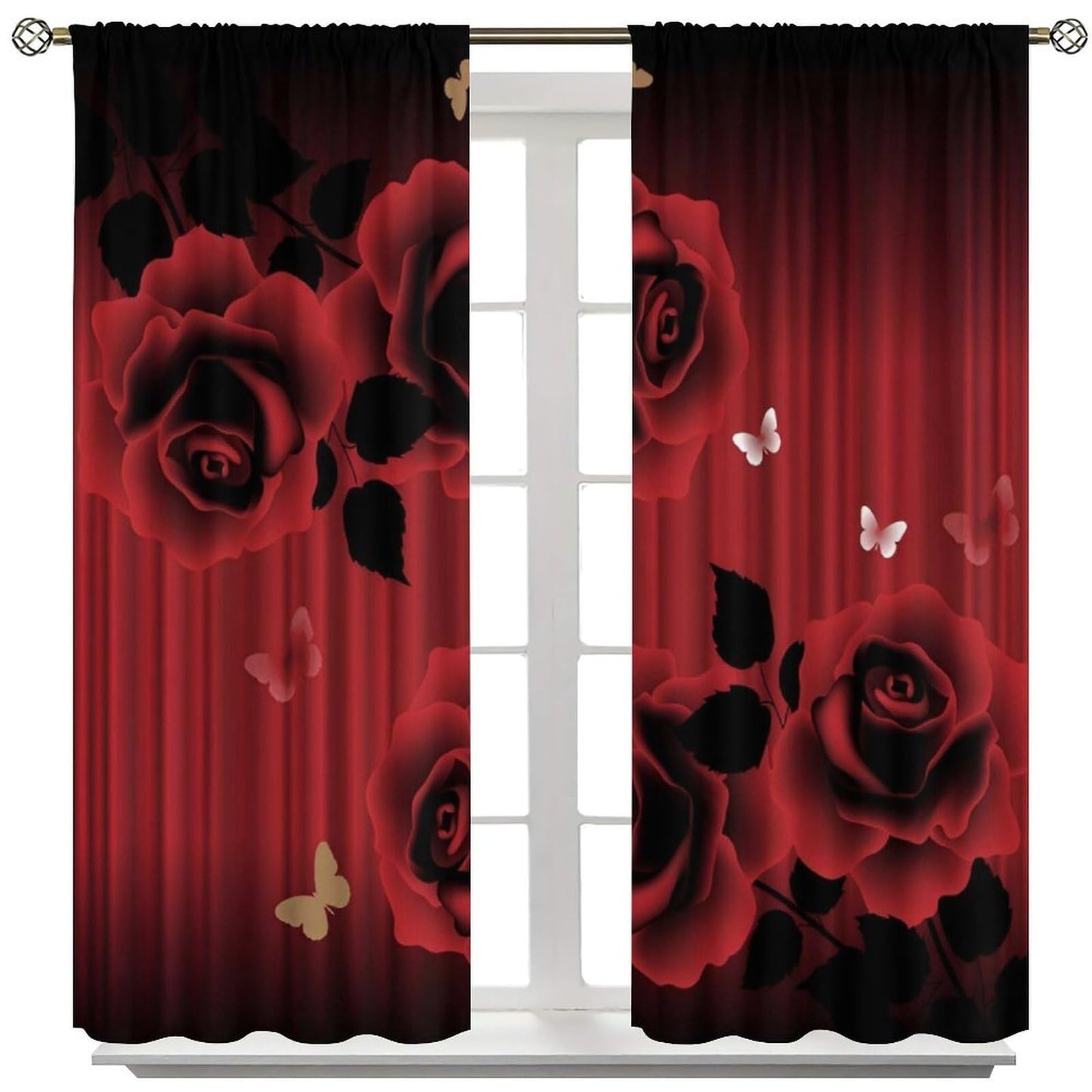 Nsbul Red Rose Curtains, Romantic Love Flower Floral Butterfly Luxury Design Window Drapes for Bedroom Living Room Valentine Day, 42" W X 45" L (No Blackout)