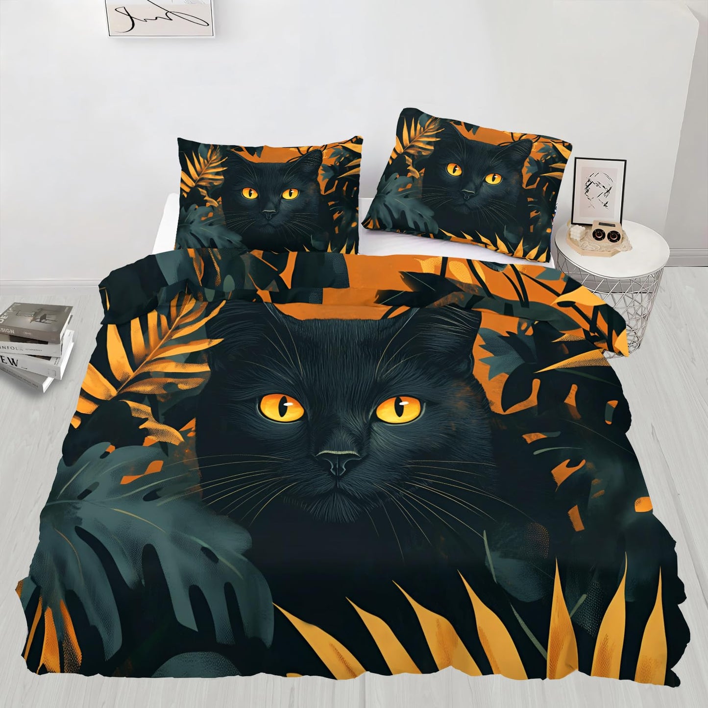 PAISUOQ Cat Print Bedding Sets Full Tropical Leaves Comforter Cover with Zipper Ties, Cartoon Animal Duvet Cover with 2 Pillowcases, 3 Pieces，Bedroom Decor & Gifts