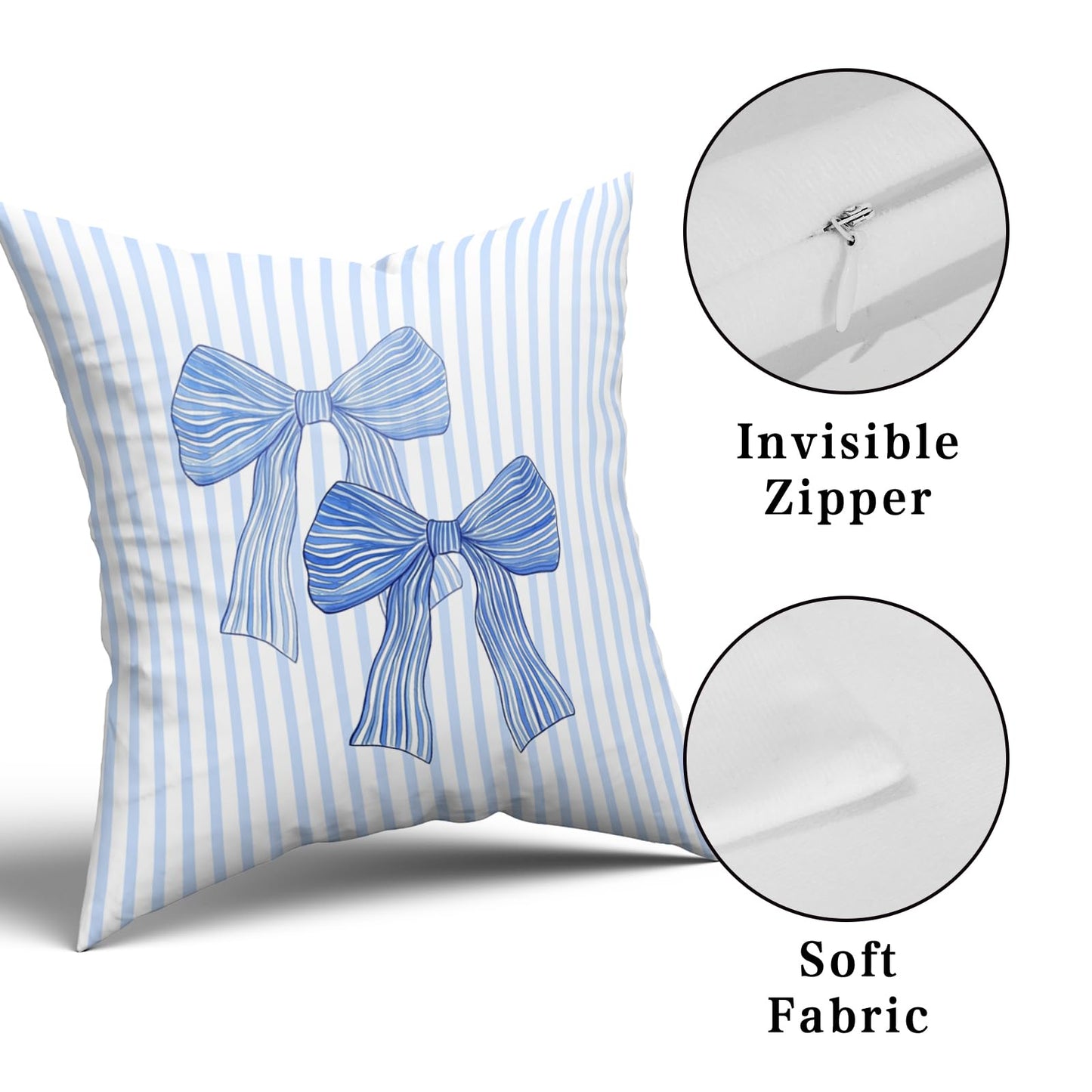 Giwawa Blue Bow Pillow Cover 18x18 Inch Set of 2 Light Blue and White Striped Throw Pillow Covers for Dorm Bedroom Decor, Double Sided Pattern