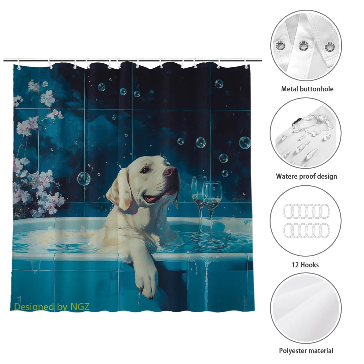NGZ Funny Labrador Retriever Shower Curtain, SPA with Wine, Blue Shower Curtain, 72x72 Inches Shower Curtains for Bathroom, Bath Curtains Set with 12 Hooks