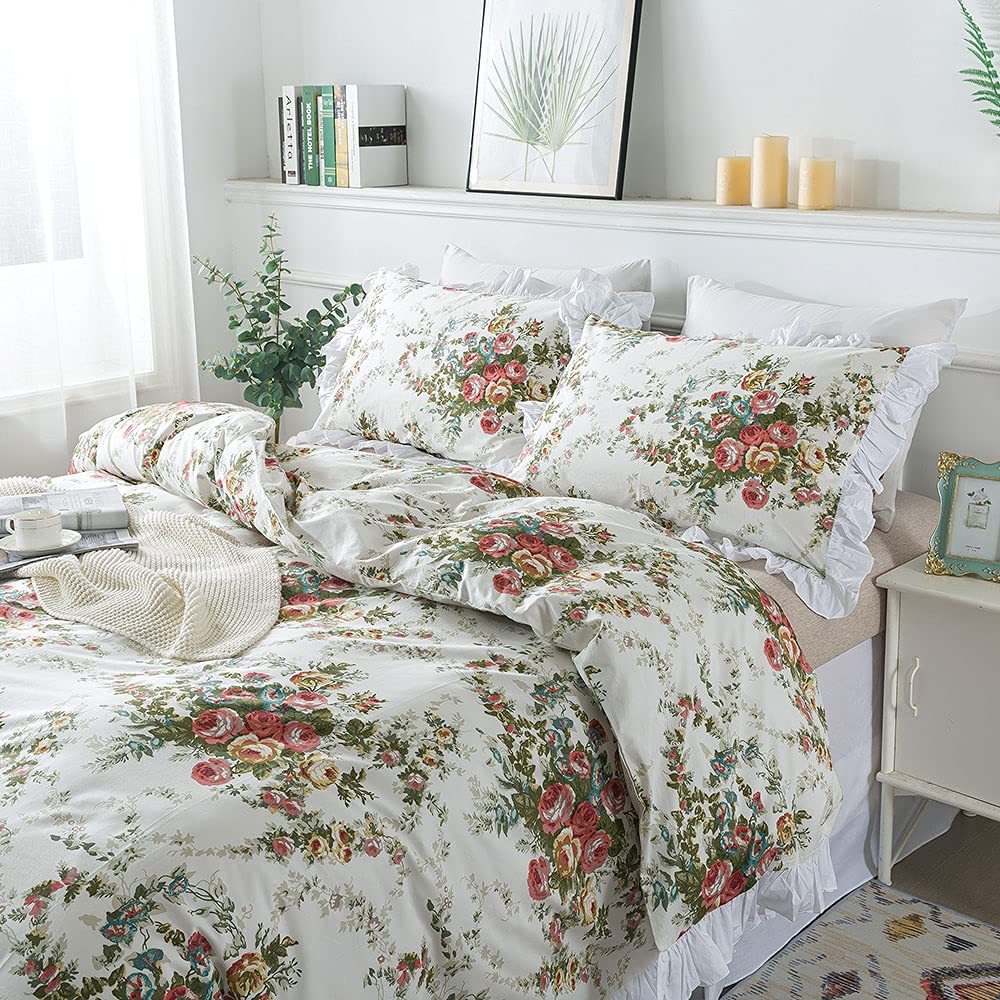 FADFAY Floral Duvet Cover Set King/Cal King（102×96 inches） 100% Cotton Ruffle Vintage Rose Comforter Cover Set, Red Teal Flower Printed Off White Girls Shabby Bed Covers,Soft and Breathable, 3Pcs