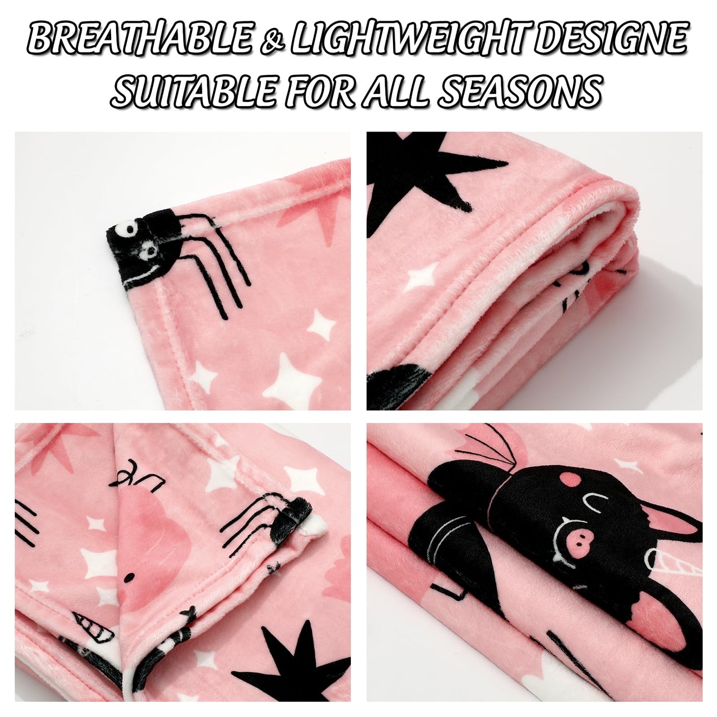 JarThenaAMCS Halloween Fuzzy Blanket Pink Cute Pumpkin Ghost Bat Throw Blanket Halloween Cartoon Soft Cozy Flannel Blankets for Home Party Bed Sofa Couch, 50 x 60 Inch