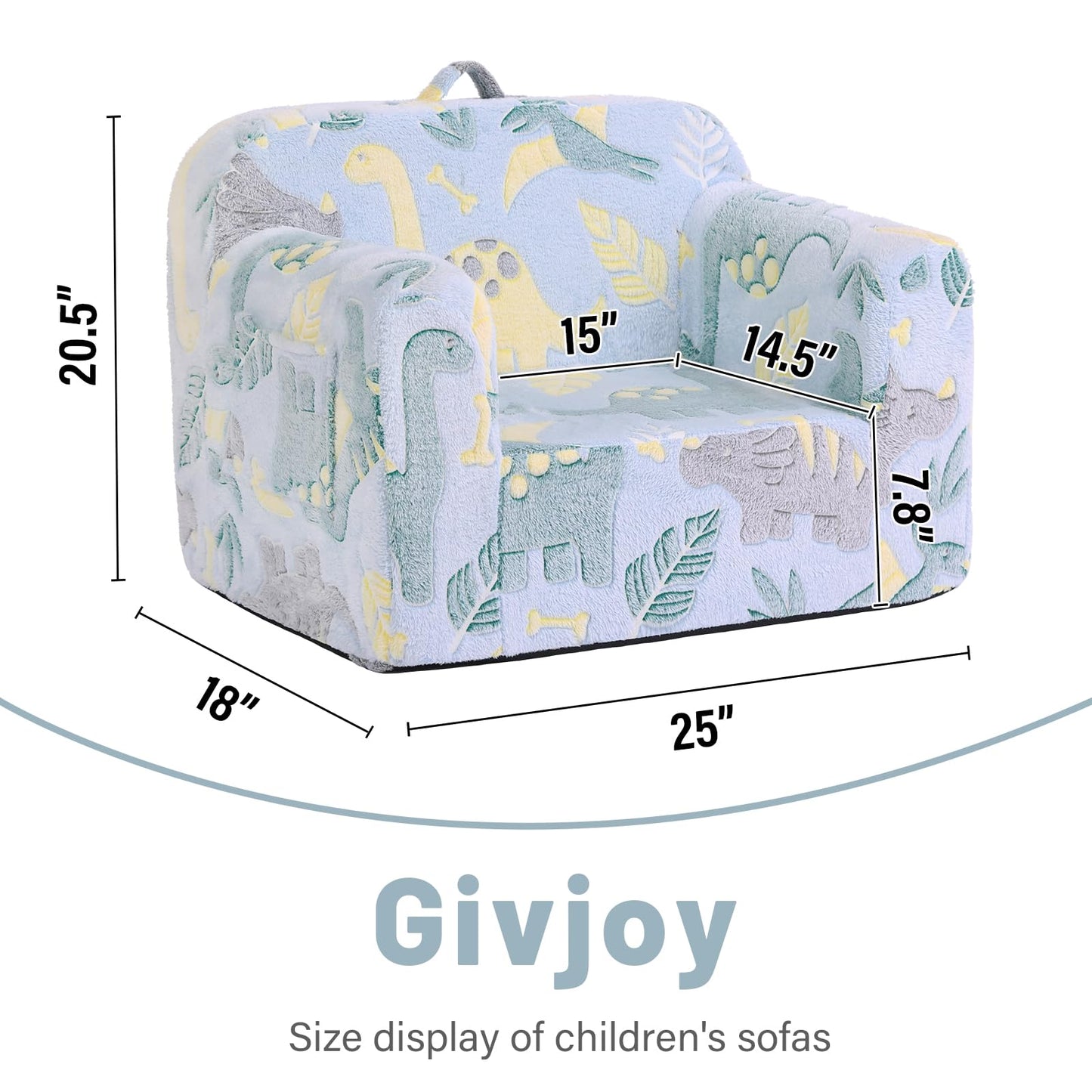 Givjoy Toddler Chair Plush Kids Couch, Comfy Glow in The Dark Dinosaur Chair with Removable and Washable Cover Carrying Handle Kids Sofa, Convertible Toddler Couch for Playroom Girls and Boys Green