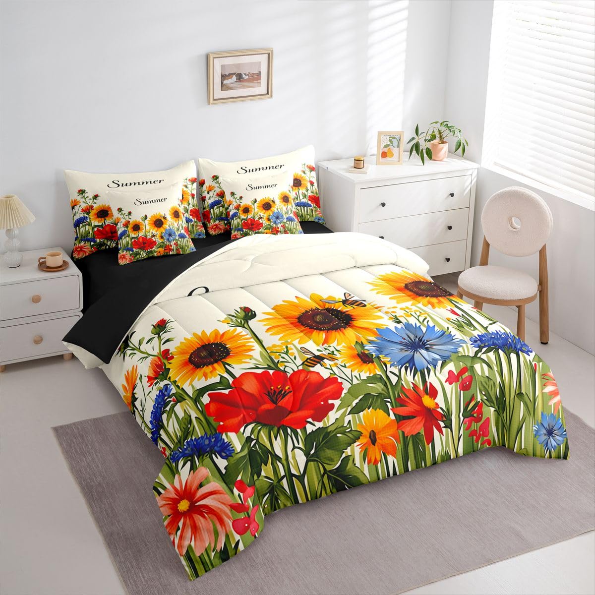 Erosebridal Sunflower & Wildflower Queen Bedding Set Aesthetic Bright Floral Comforter Set with Flat and Fitted Sheet Girls Women Cute Summer Bee 7-Piece Bed in a Bag Vibrant Garden Art Quilt Sets