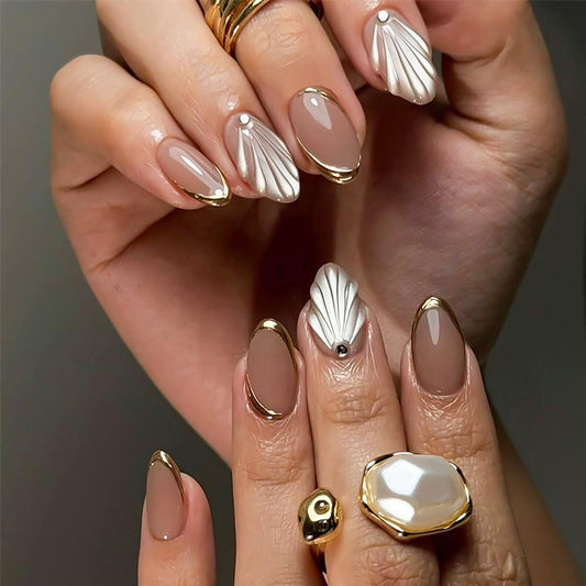 RUOKEXIN Almond Press on Nails Gold French Tip Fake Nails Nude False Nails with 3D Designs Short Nail Press ons Gold Sparkly Artificial Nails for Women 30Pcs