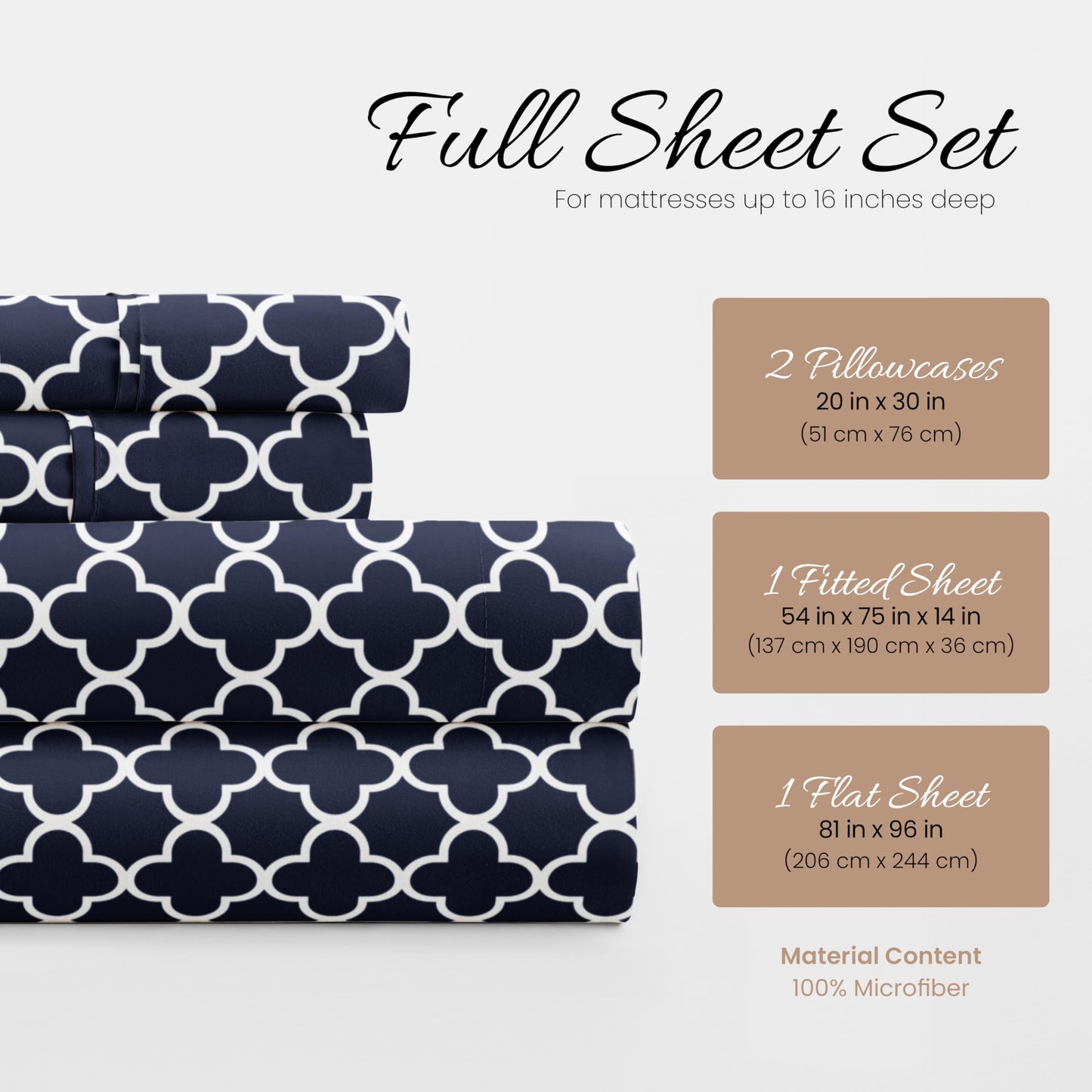 Linen Market Double-Brushed Patterned Microfiber Full Sheet Set 4 Piece – Oeko-TEX Certified Ultra Soft & Wrinkle-Free - 16" Deep Pocket Sheets - Easy Care Full Size - Quatrefoil Navy