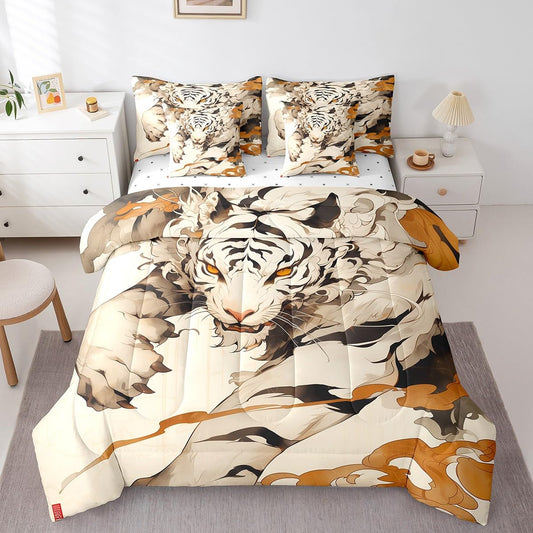 Erosebridal Tiger Full Comforter Set 7-Piece Woodland Wild Animal Bedding Sets Oriental Japanese Style Bed in A Bag 3D Cartoon Bed Sheets Set Youth Teenage Beige Room Decor,Soft for All Season