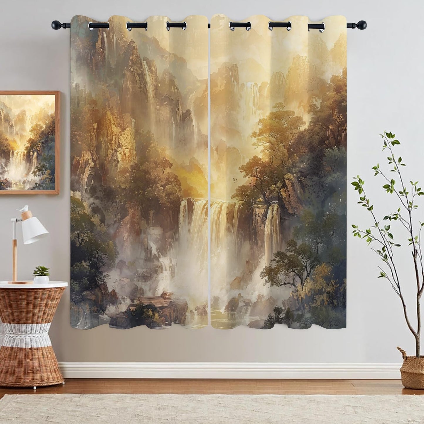 Forest Waterfall Scenery Blackout Curtains, Bright Towering Peaks 3D Print Top Grommet Drapes, Window Curtain Set of 2 Panels, Energy Saving Drapes for Living Room Kitchen Cafe(42" W x 63 "L)