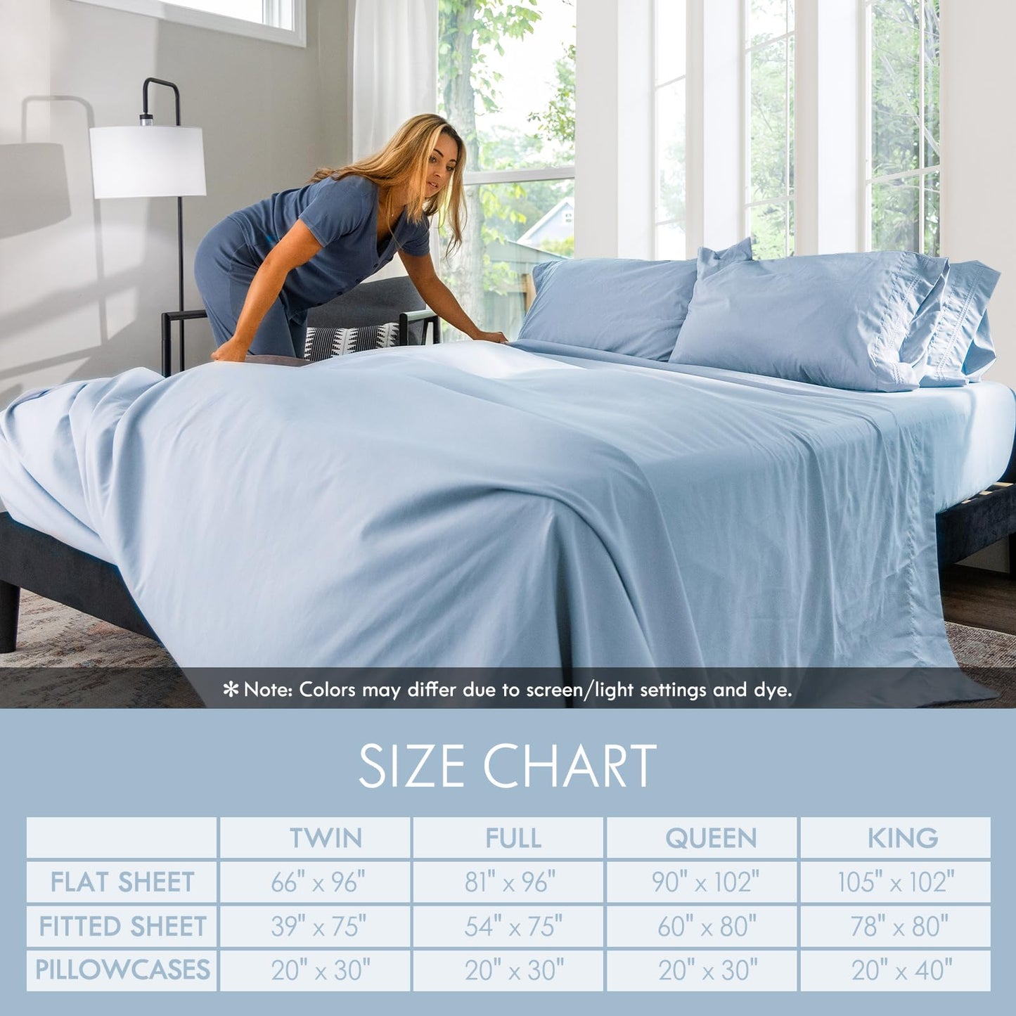 ClevaHome Twin Size Sheet Set - 4 Piece Soft Breathable Luxury Bed Sheet Set - Shrinkage & Fade Resistant Embroidered Bedding Sheet with Deep Pocket, 2 Extra Pillowcases (Twin, Chambray Blue)