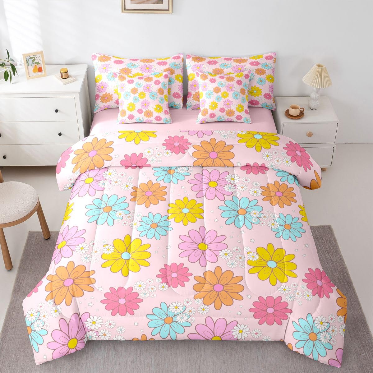 Erosebridal Cute Flower 7 Pcs Bedding Set Twin Size for Teen Girls Cartoon Floral Comforter Set with Sheets for Kids Young Women Kawaii Daisy Bed in A Bag Blue Pink Bed Sets All Season