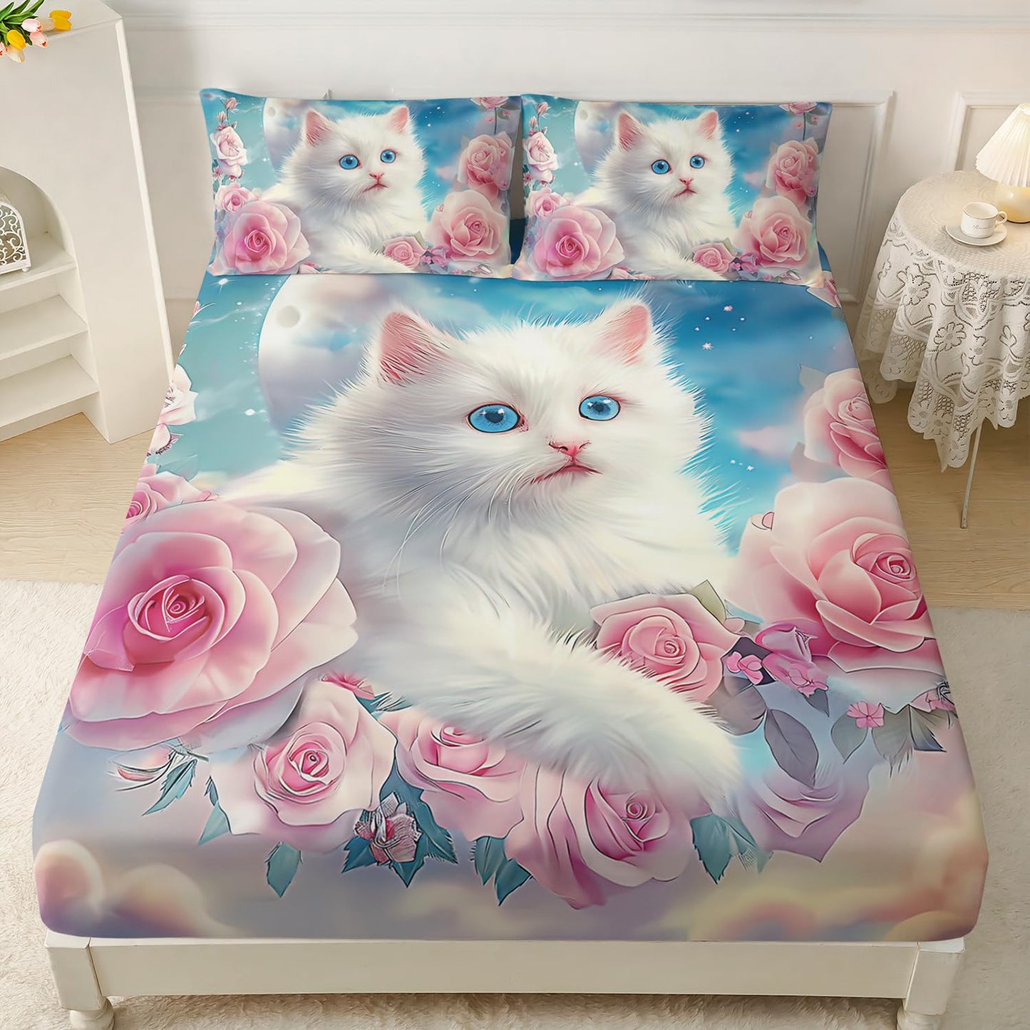 AILONEN 3D Beautiful Cat Fitted Sheet Set Twin Size, Kawaii White Kitten Bedding Set for Kids,Girls,Moon with Pink Rose Bed Sheet Set for All Season,1 Fitted Sheet + 2 Pillowcases,Breathable