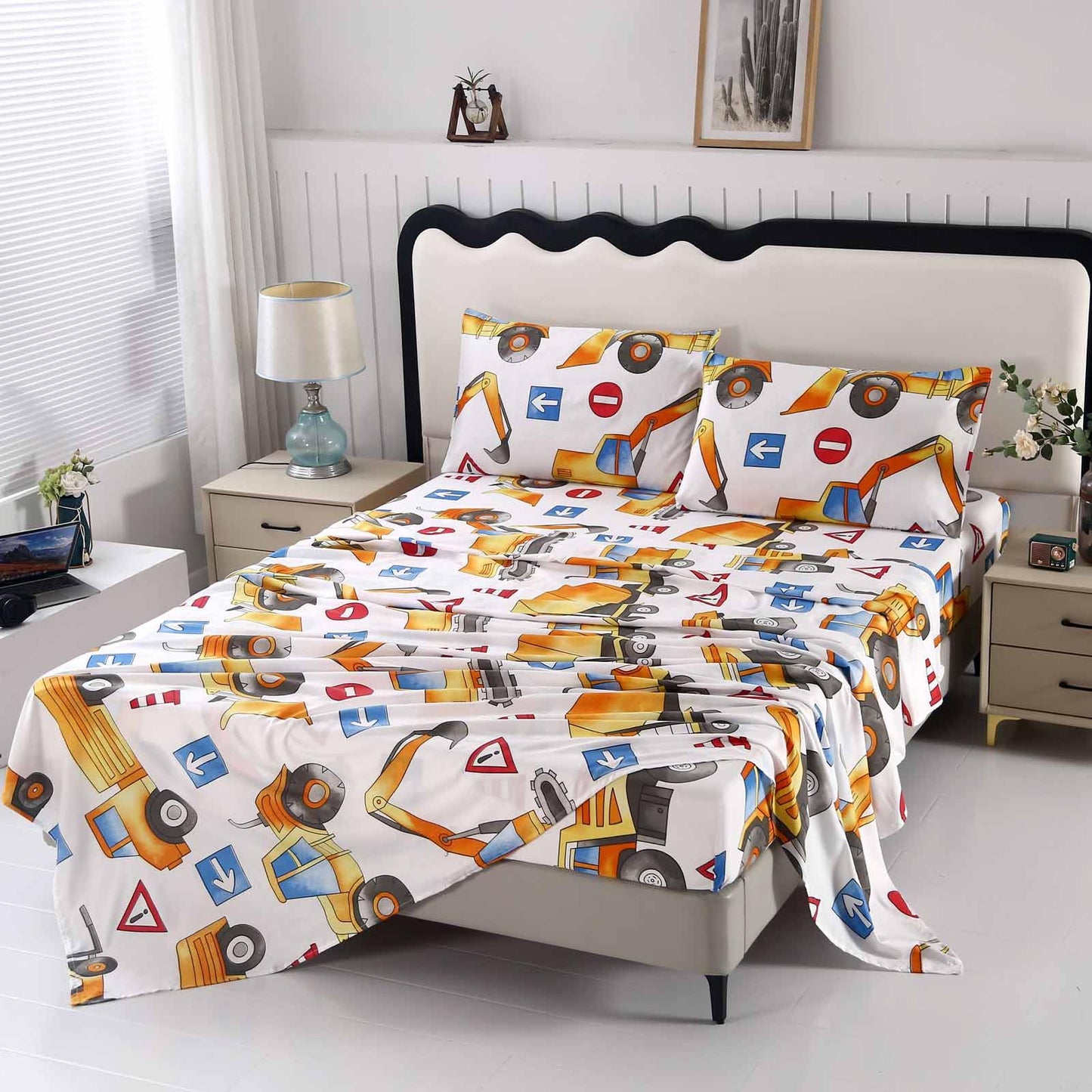 SDY 4 Pieces Tractor Sheets Full,Cozy Construction Sheets for Kids Boys Girls Teens,Car Sheet Set Included 1 FittedSheet with 14'' Deep Pocket + 1 Top FlatSheet + 2 Pillowcases