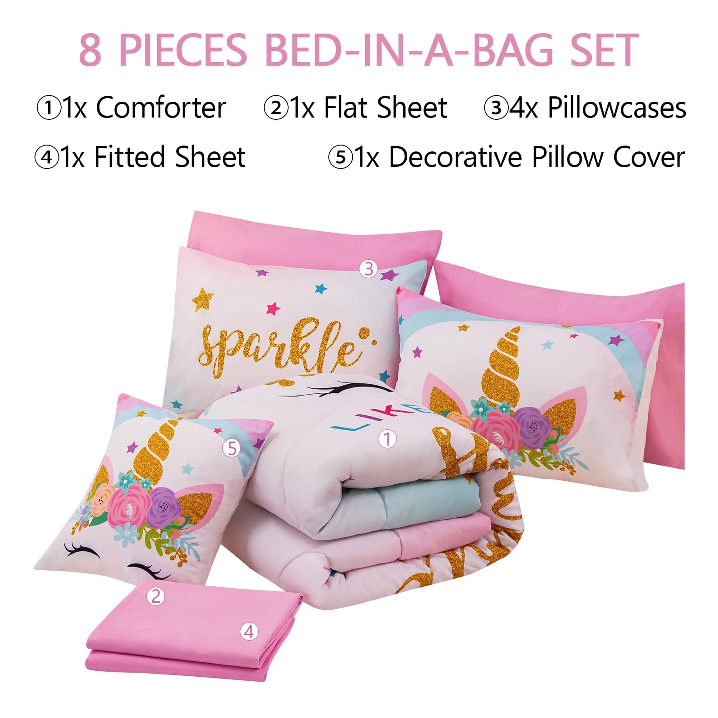 Keyroal 8Pcs Full Comforter Set with Sheet,Unicorn Flower Bedding Set for Kids,Pink Rainbow Bed in a Bag Bedding for Girls-Sparkle Unicorn