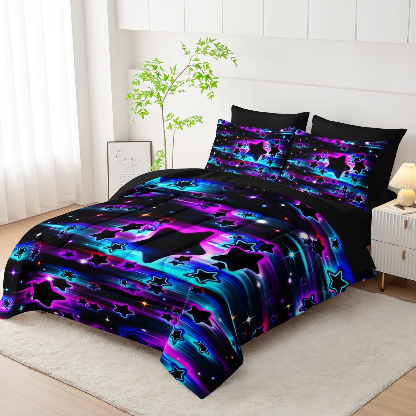 Nttopship Purple Galaxy Bedding Set Full Size 7Pieces,Star Comforter Bed in a Bag Twin Galaxy Printed Space Themed Comforter Set for Girls All Seasons with Pillowcases,Flat, Fitted Sheet