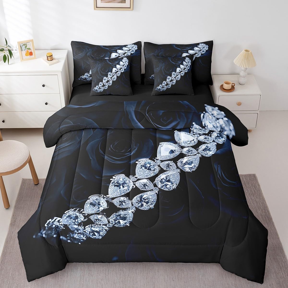 Erosebridal Romantic Rose Comforter Set 7 Piece Bed in a Bag Twin,Luxury Diamond Bedding Sets Botanical Floral Comforter and Sheet Set,Dark Flowers Bed Set