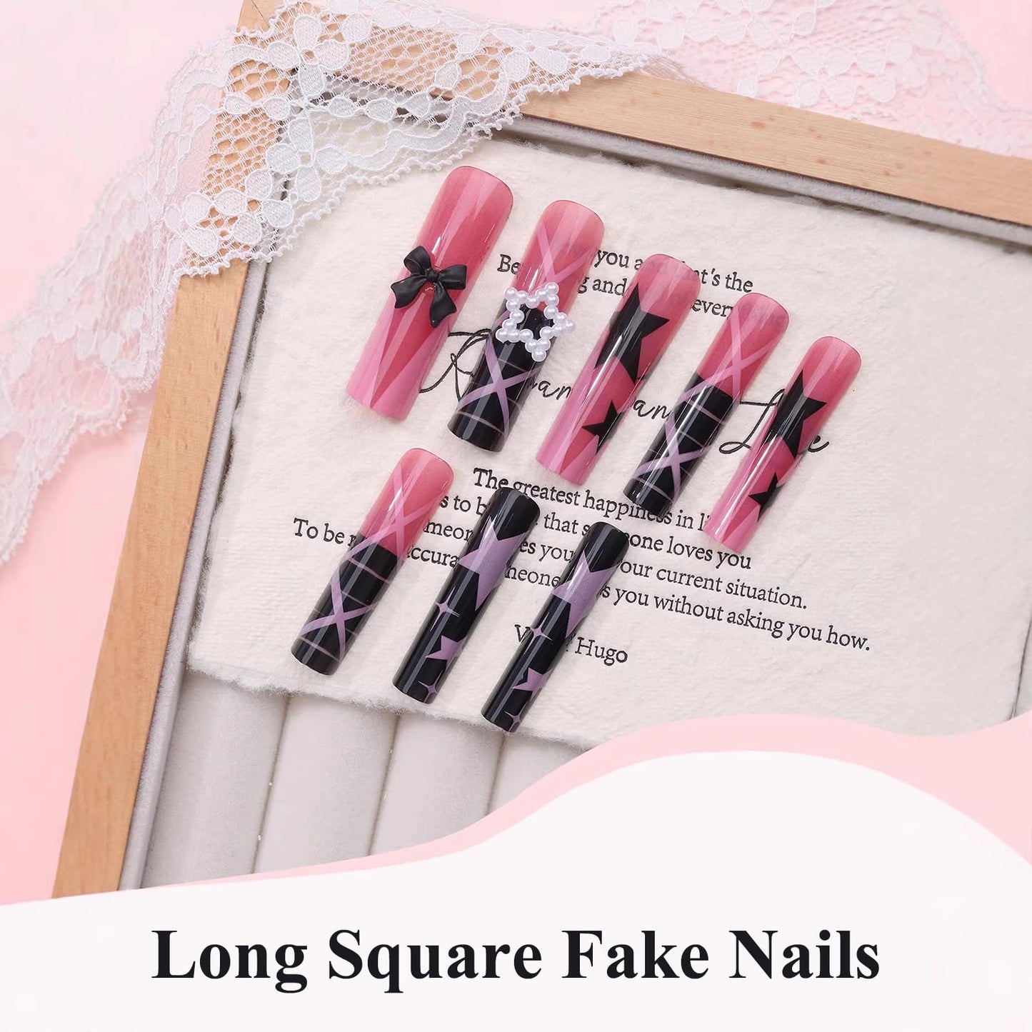 MISUD Press on Nails - Extra Long Square Fake Nails with French Tip, Acrylic Y2K Pink Black Star Bow Design 24 pcs
