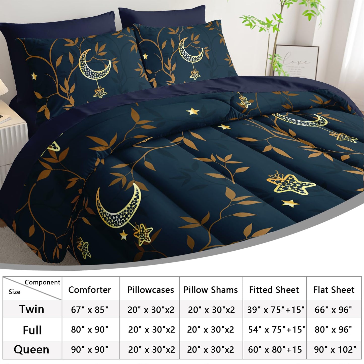 AILONEN Moon Comforter Set Full Size,7-Piece Navy Blue Gold Star Leaves Print Bedding Boho Bed in a Bag for Room Decor All Season Comforter & Fitted/Flat Sheet & 2 Pillowcases & 2 Shams