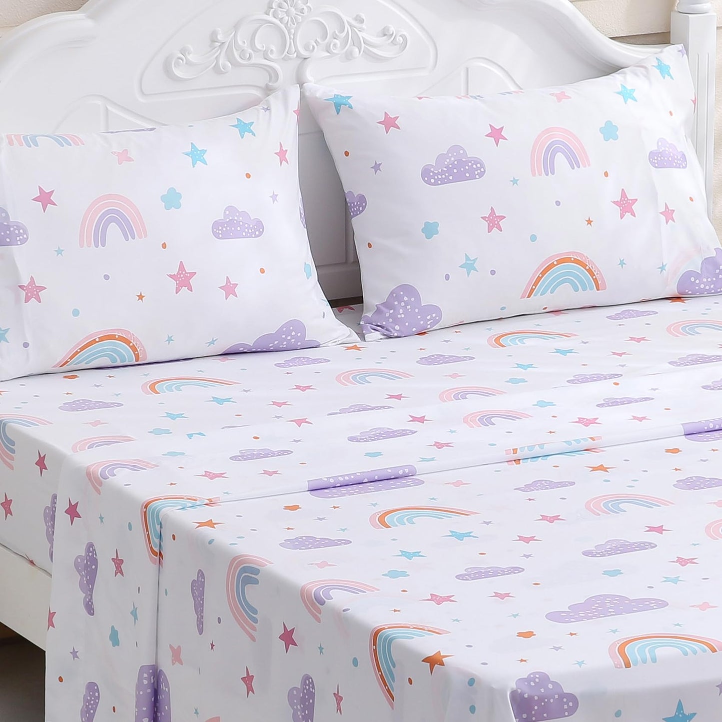 Ocharo Twin Size Rainbow Sheets Set for Girls-Kids 3 Pieces Rainbow Twin Bed Sheets - Deep Pocket Wrinkle Free,Breathable Stars Printed Bedding Sets for Toddlers,Purple Pink