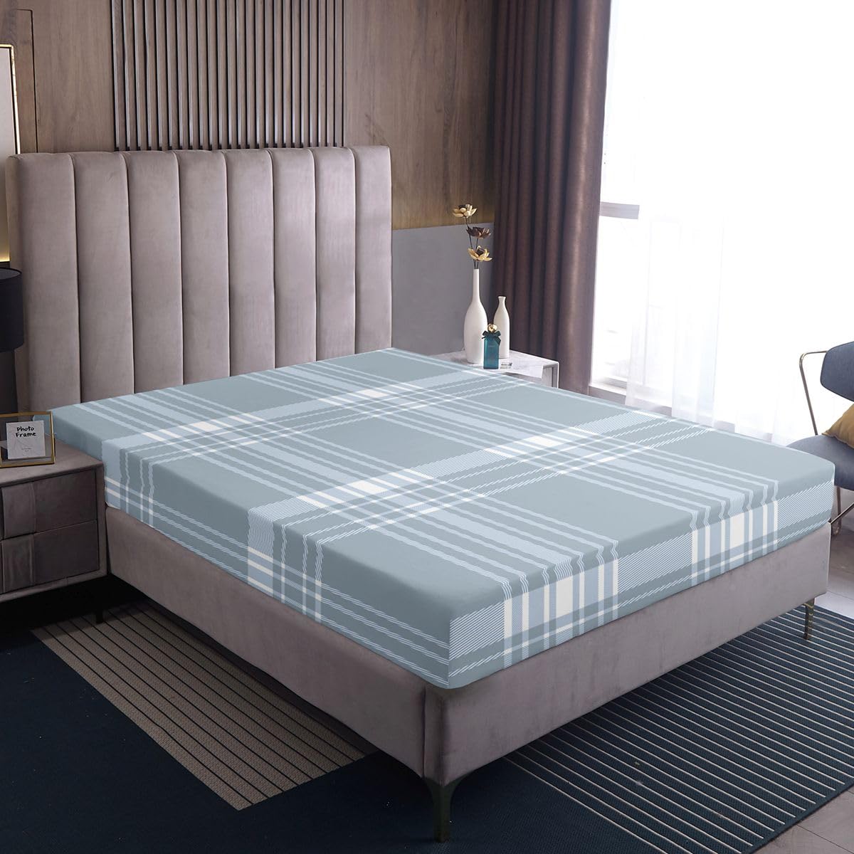 jejeloiu Classic Plaid Fitted Sheet with 1 Pillowcase Twin Size Gray Checkerboard Bed Sheets Set 16" Deep Pocket Boys Girls Farmhouse Bedding Aesthetic Grid Teens Bedroom Decor Breathable