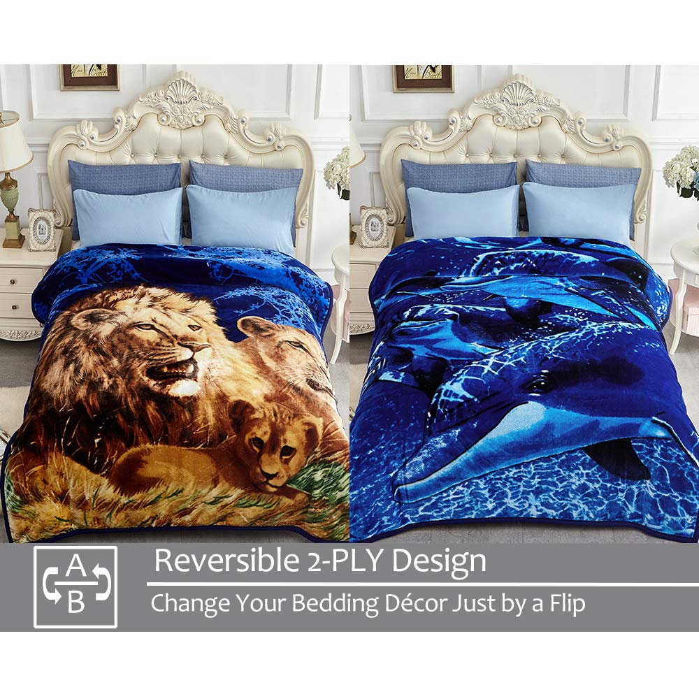 JYK Soft Fleece Bed Blanket Queen Size Dolphin/Lion - 520GSM Fuzzy Cozy Luxury Warm Blanket Microfiber, 2 Ply Reversible A&B Pattern Room Home Decor Christmas Decorations, 75" x 87 inches, 5 LB