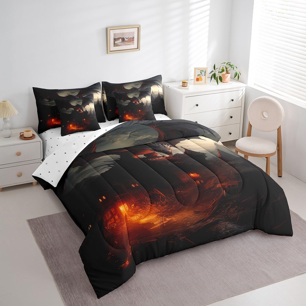 3D Dragon 7-Piece Bedding Set - Fierce Wildlife Queen Size - 1 Comforter, 1 Flat Sheet, 1 Fitted Sheet, 2 Pillowcases and 2 Pillow Shams