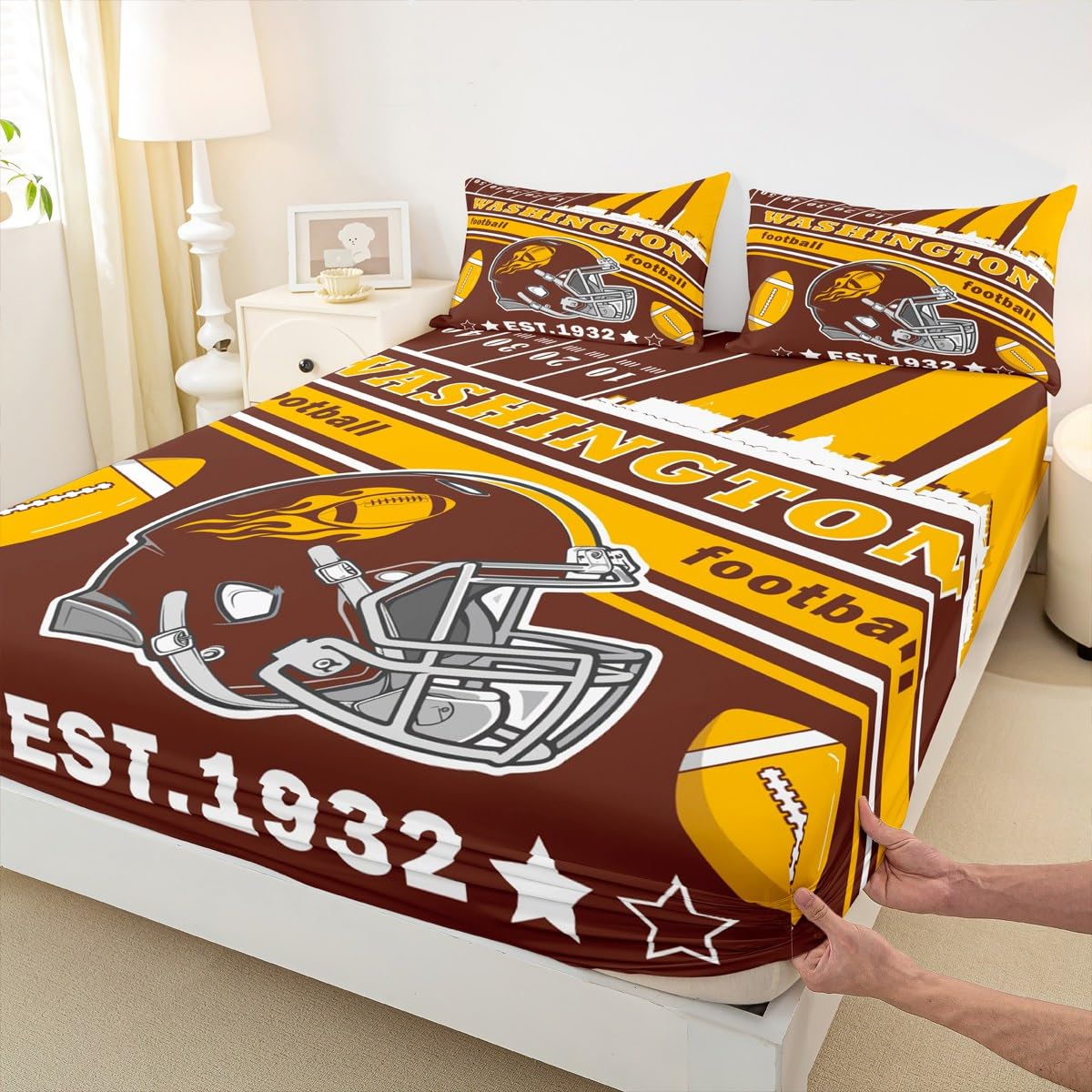 Feelyou Football Bed Sheets Set Boys Twin Size Women Men Football City Fitted Sheet with 16 Inch Deep Pockets Rugby Sports Bedding Set