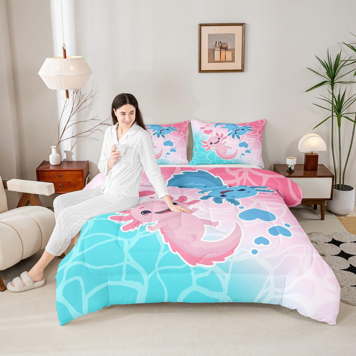 Axolotls Comforter Set Twin Size,Blue Pink Kids Bedding Set 2Pcs with 1 Pillowcase,Ocean Animals Theme Down Comforter Cartoon Lovely Salamander Quilted Duvet Insert for Girls Boys Bedroom Decor