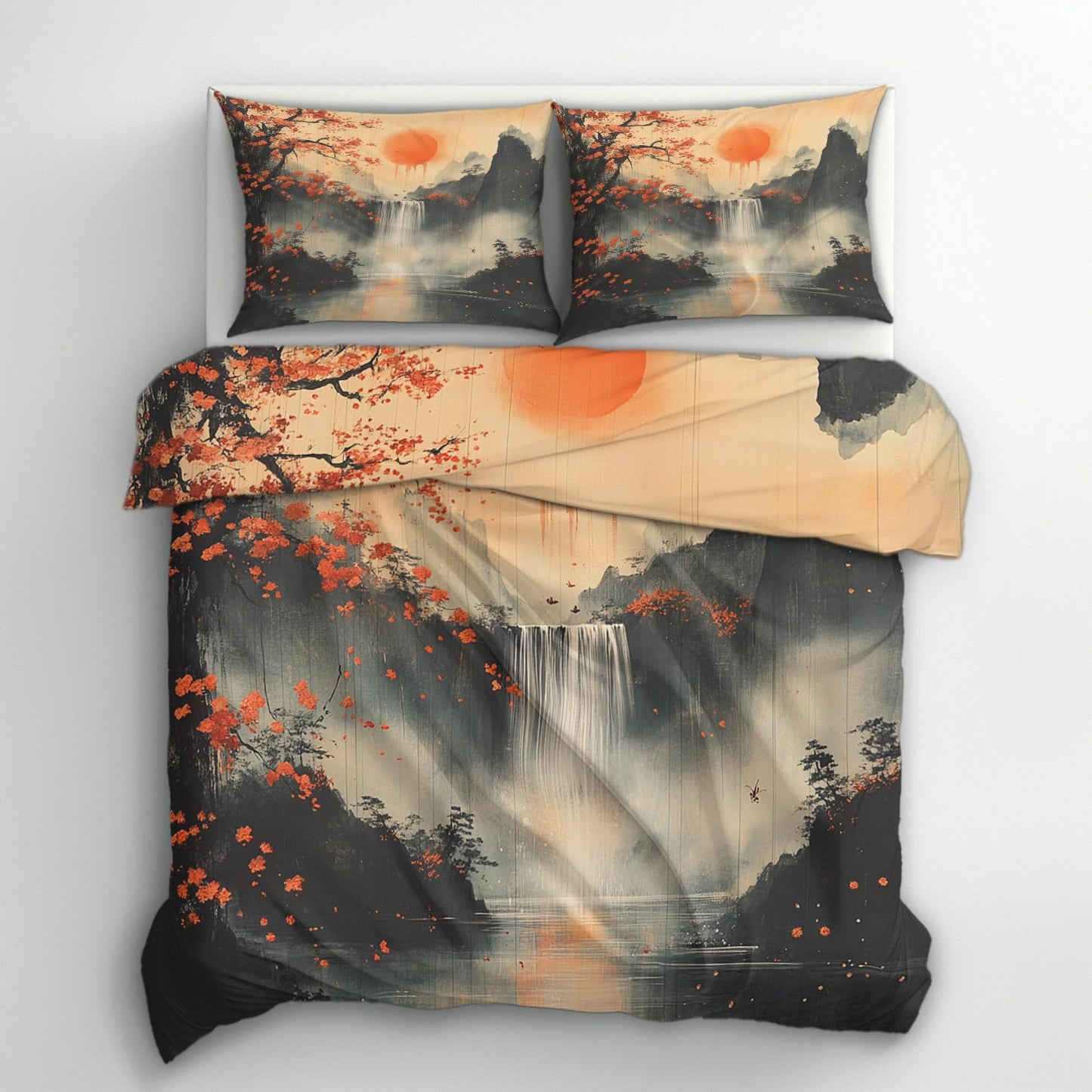 zcwl Waterfall Landscape Duvet Cover Oversized King Size | Mountain Bedding Set | 3 Piece | Soft Microfiber Patterned Comforter Cover with Zipper Ties & 2 Pillowcases | Oriental Asian Bedroom Decor