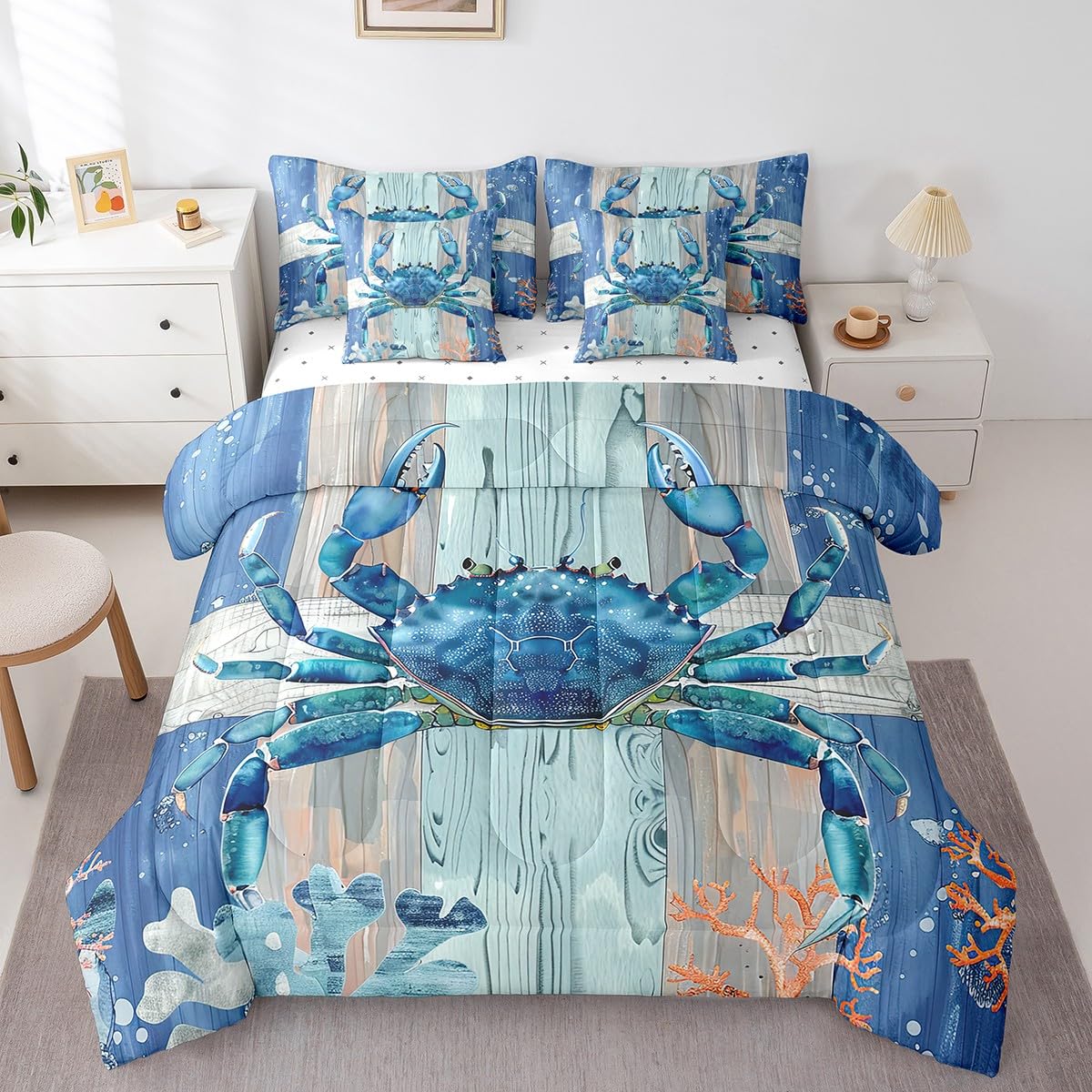 Erosebridal Ocean Crab Comforter Set 7 Piece Bed in a Bag Twin,Under Sea Coral Reptile Bedding Sets Nautical Sea Animal Sheet Set with Comforter,Blue