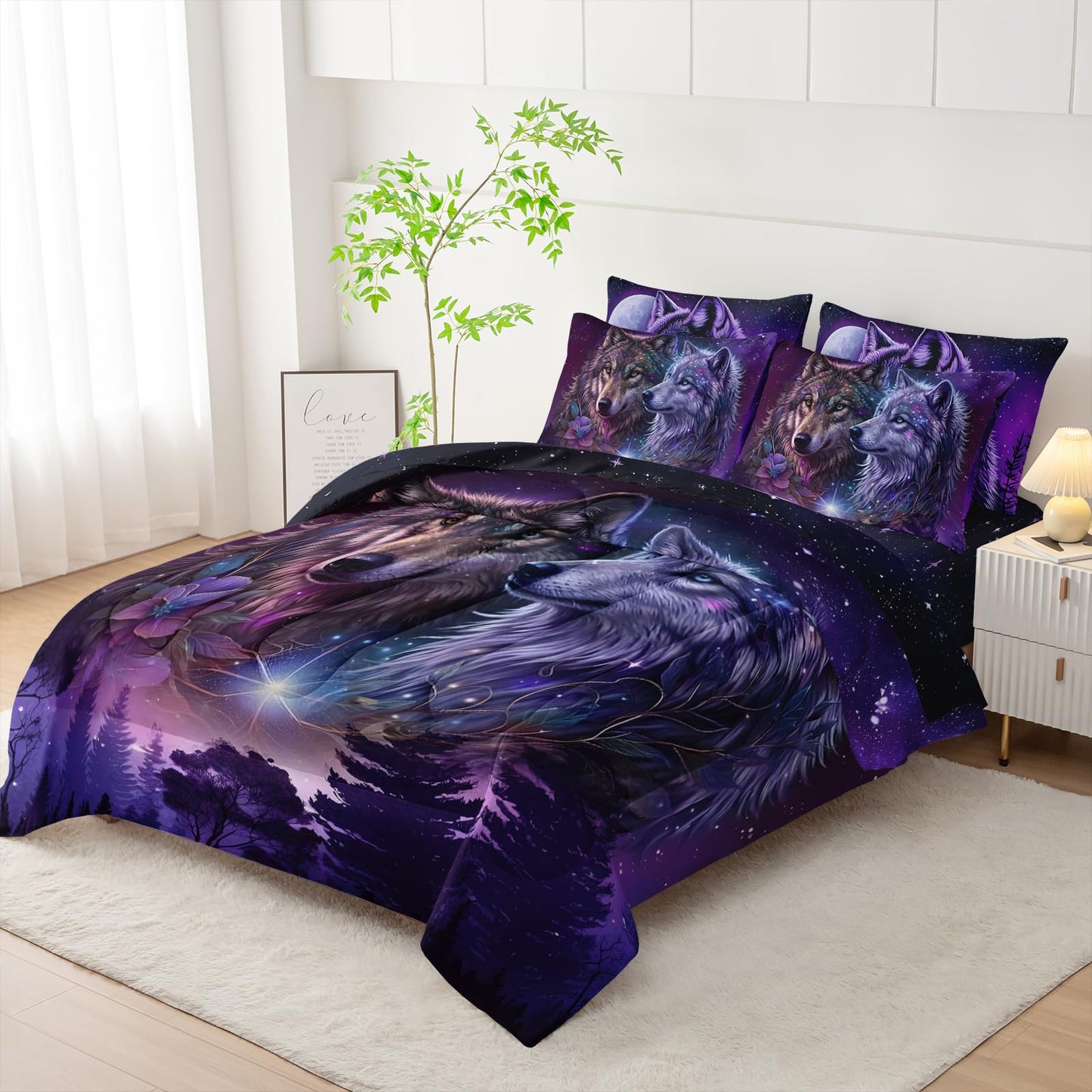 AILONEN Galaxy Wolf Comforter Set Twin Size,7-Piece Soft Bed in a Bag, Purple Starry Wolf Comforter & Fitted Sheet & Flat Sheet & 2 Pillowcases,2 Pillow Shams