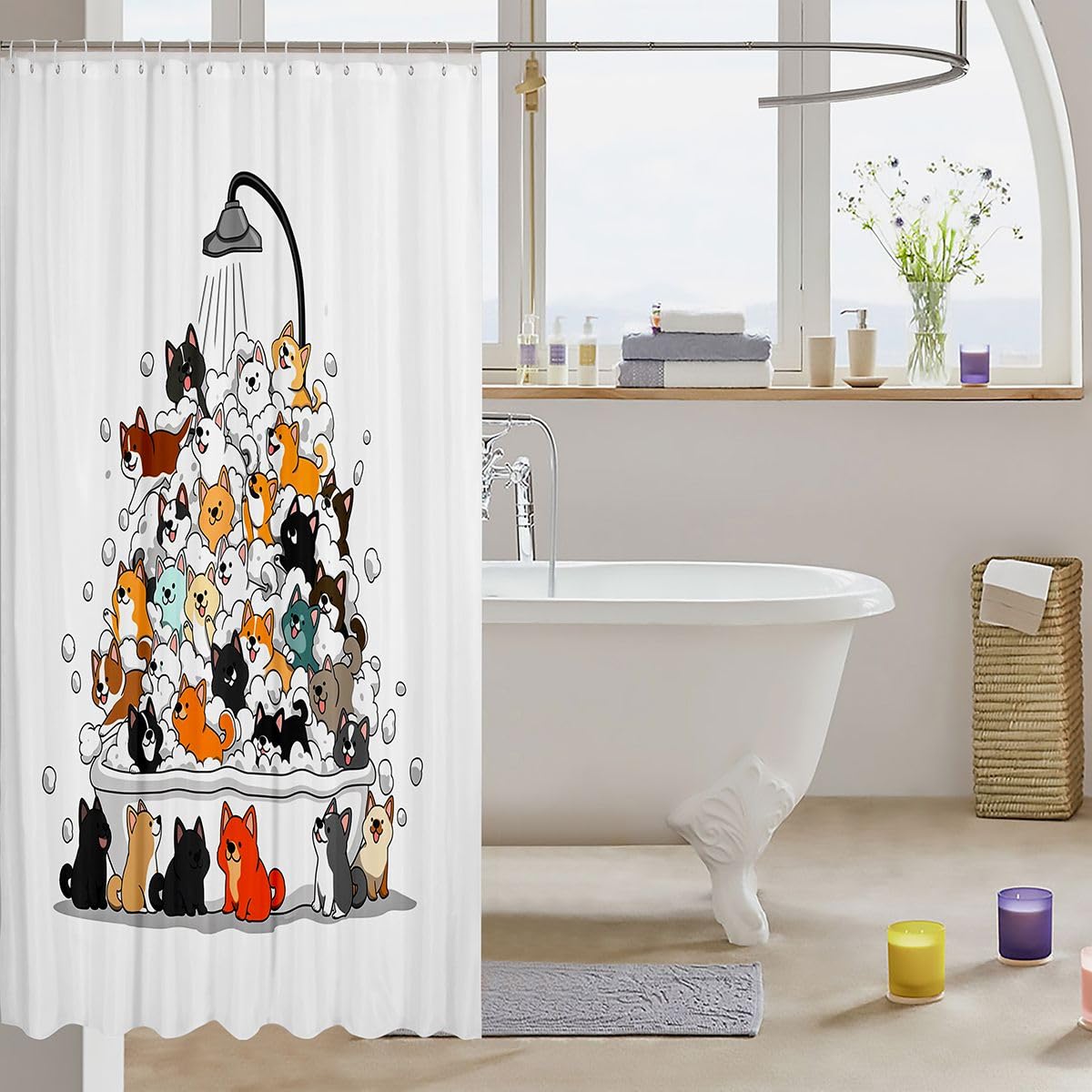 Feelyou Cute Dogs Shower Curtains Lovely Funny Hilarious Bathroom Curtain for Kids Women Men Cartoon Animals Bathroom Accessories Waterproof Polyester Fabric for Stalls Bathtubs 72"x72"