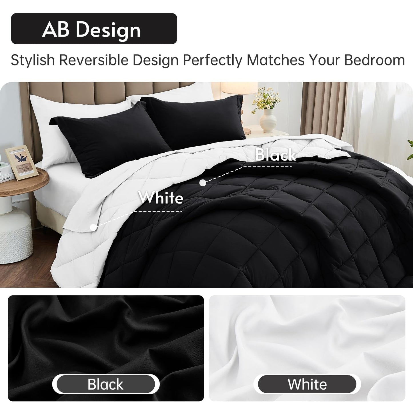 MUXHOMO 7 Pieces California King Comforter Set, Reversible Bed in a Bag Cal King Size, All Season Bedding Set with Comforter, Flat Sheet, Fitted Sheet, Pillowcases & Shams, Black & White
