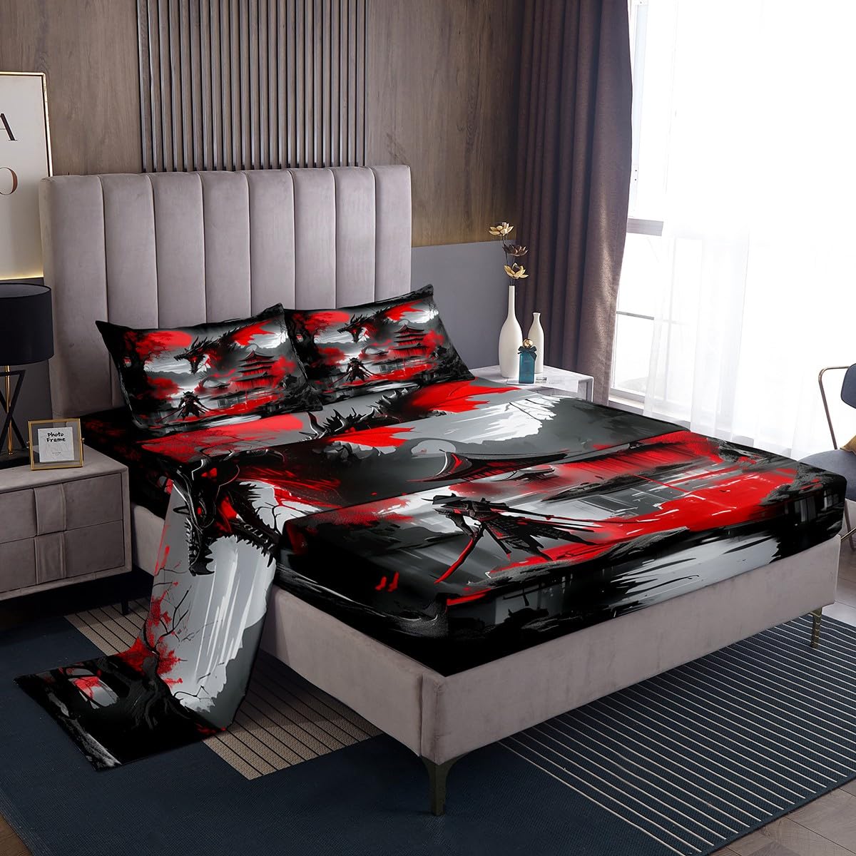 Erosebridal Japanese Style Full Bed Set Dragon Bed Sheets Set Magical Animals Flat Fitted Sheet Western Wildlife Theme Bedding Set for Boys Kids Adult Bedroom, with 2 Pillow Cases